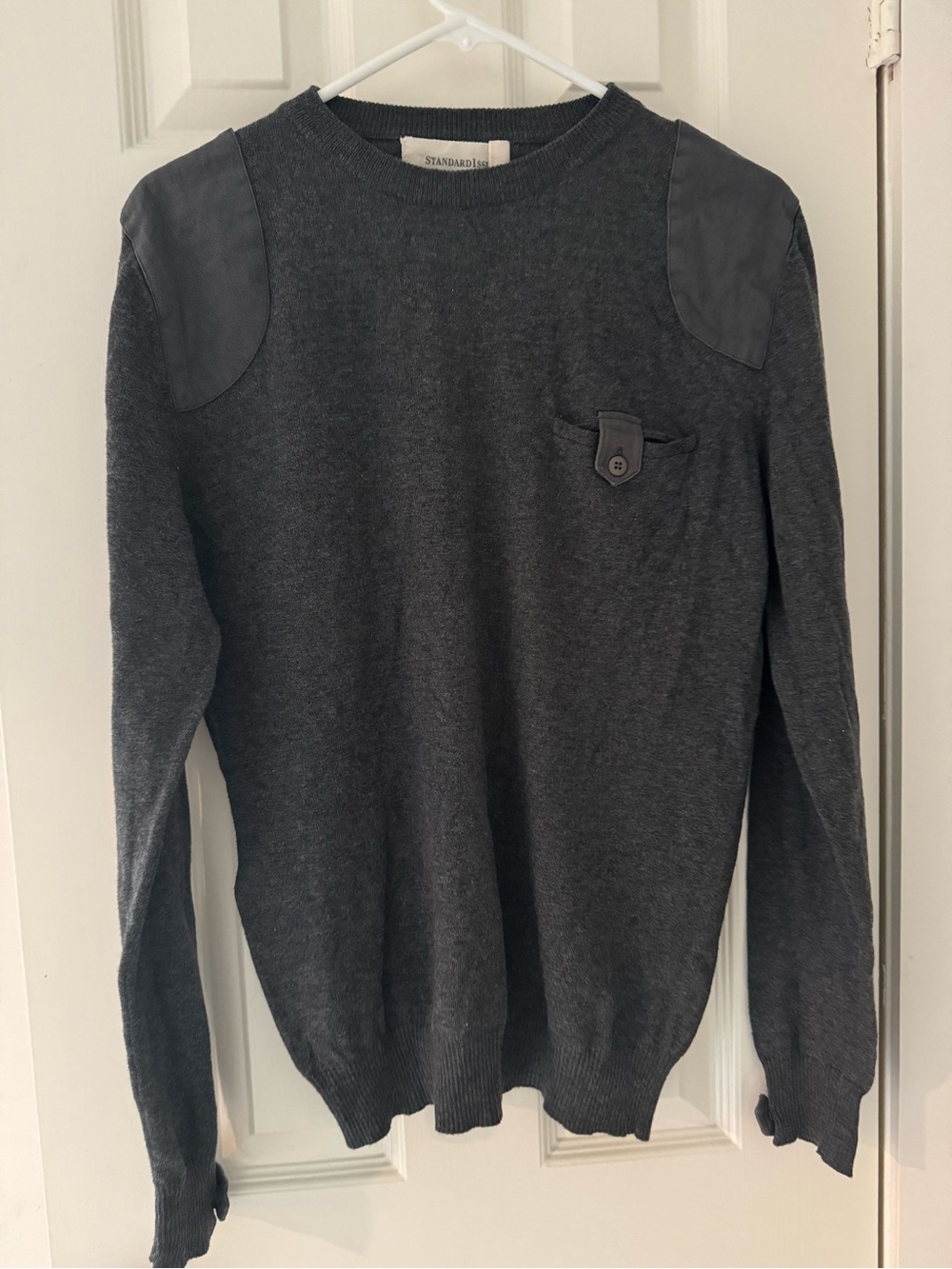 Standard Issue Dark Charcoal Crewneck Sweater with Shoulder Patches